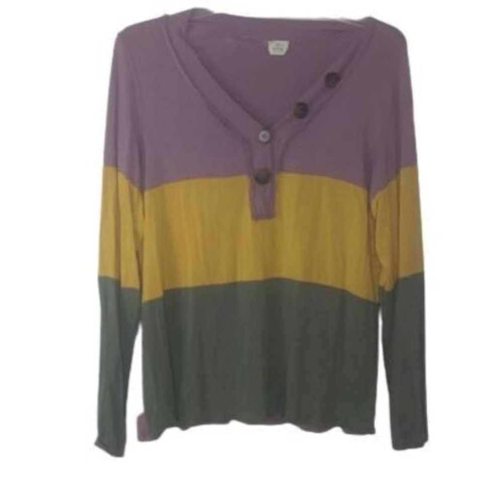Blue Buttercup Striped Colorblock Casual Burnout Henley